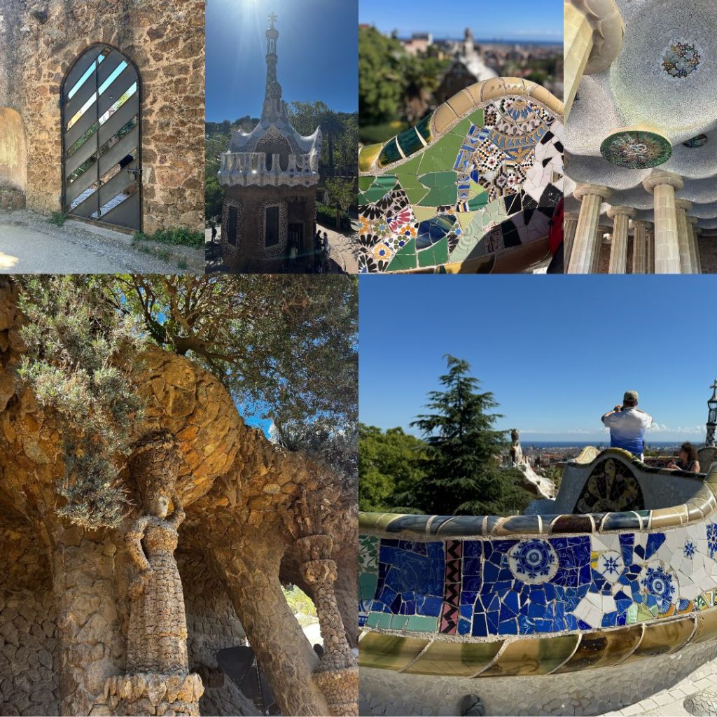 A collage of pictures from Park Güell in Barcelona, Spain. 