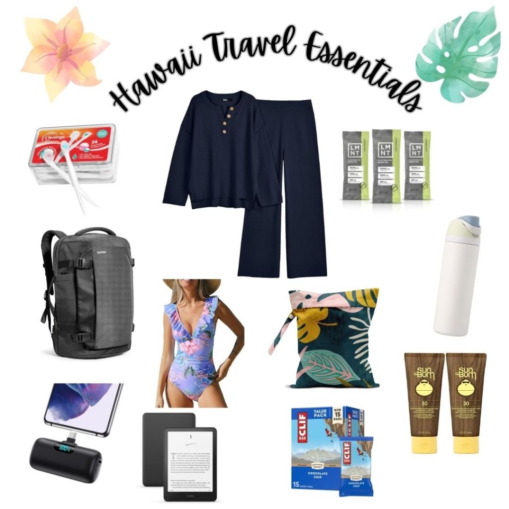 Travel essentials for Hawaii including travel disposable toothbrushes, travel outfit, electrolytes, travel backpack, swimsuit, wet bag, sunscreen, water bottle, charger, kindle, and cliff bars to keep your energy up!