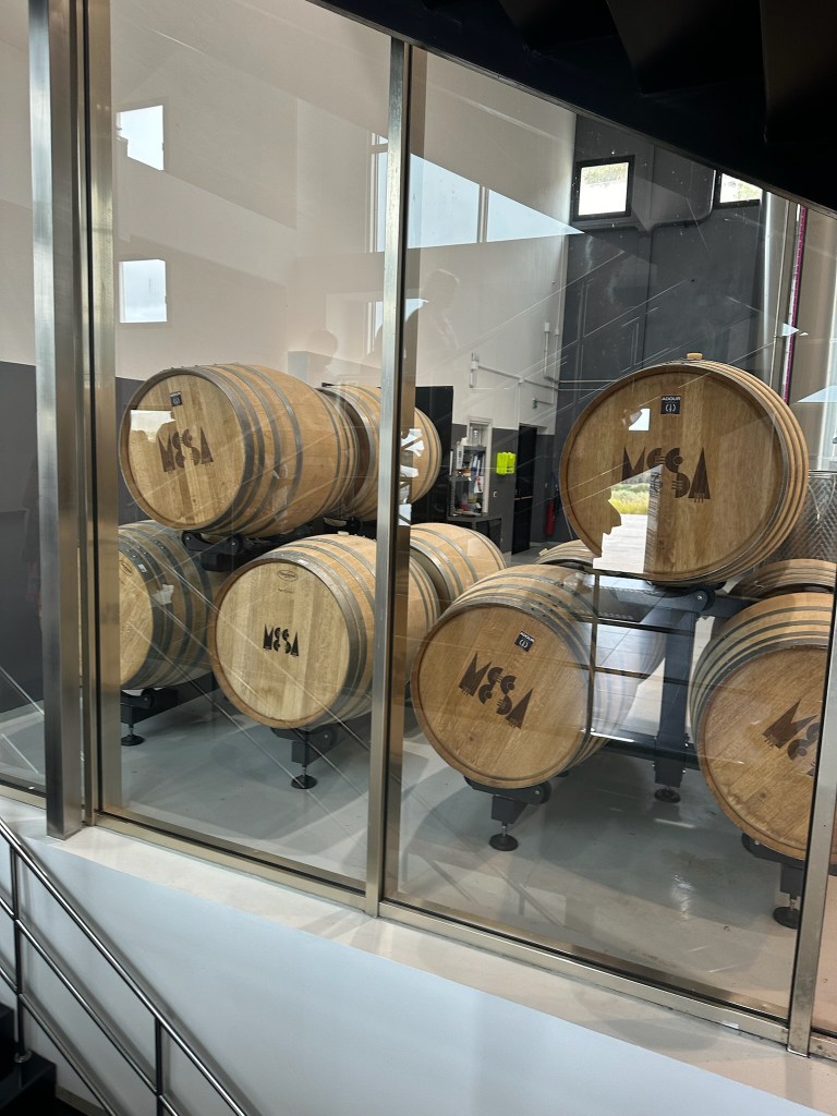 Barrels of wine at the Cantina Mesa Winery in Sardinia, Italy