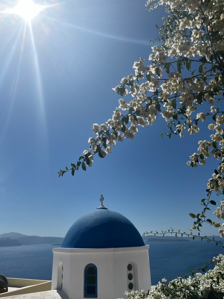 Blue roofed church in Santorini, Greece