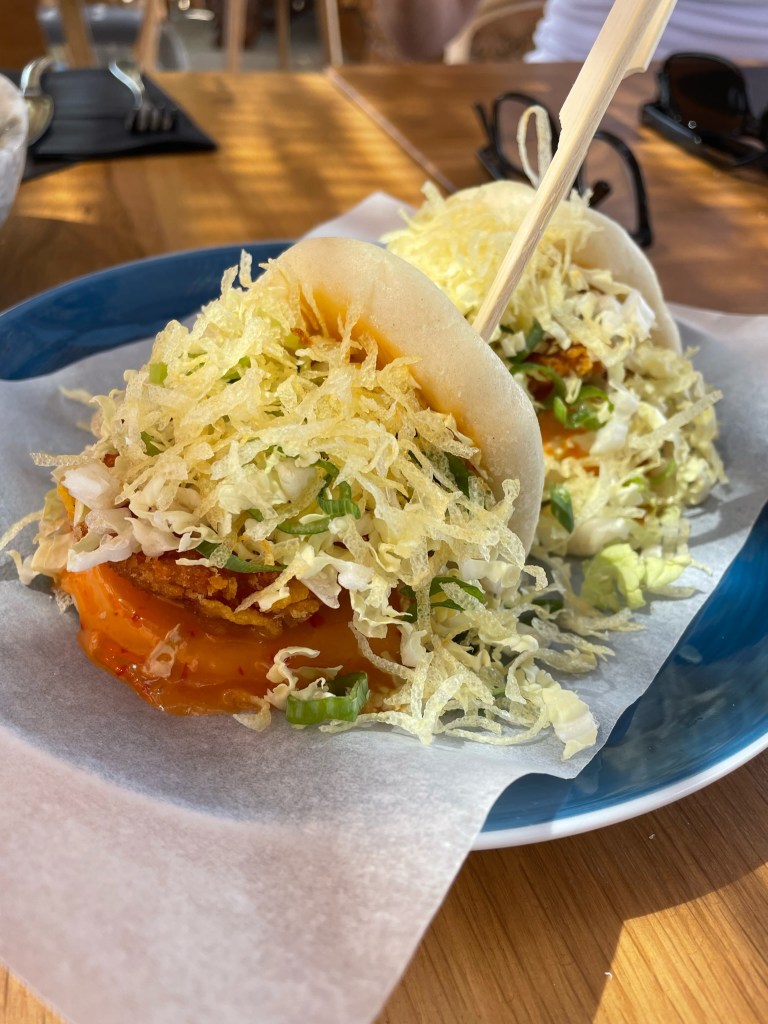 Bao Buns at Black Sand Beach Club in Santorini, Greece