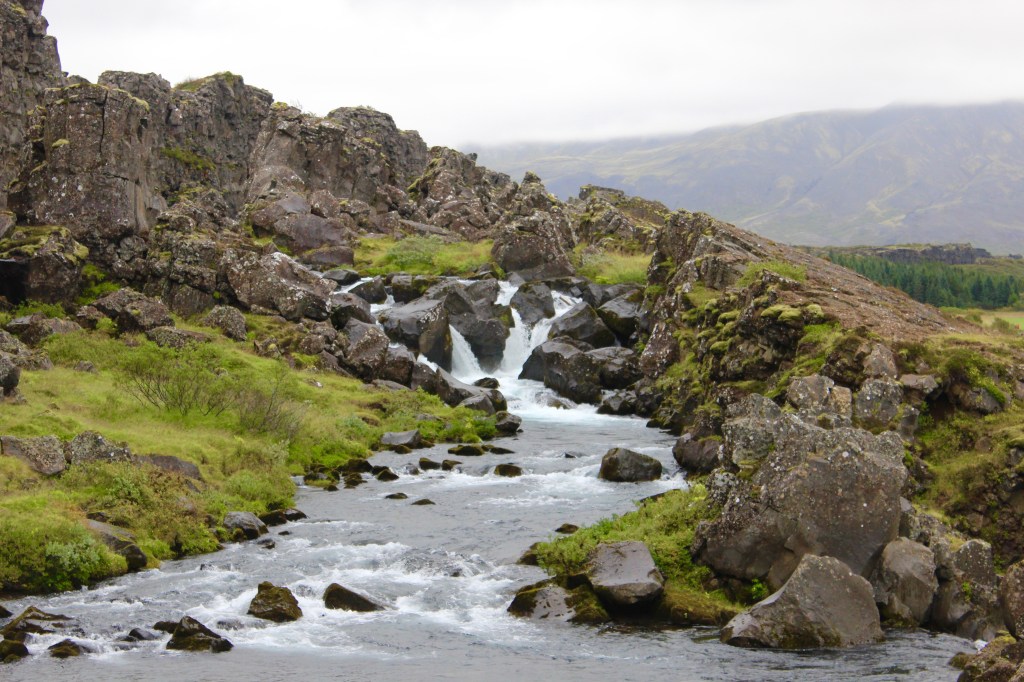 water flowing through a rock embedded stream at thingvellir national park in Iceland