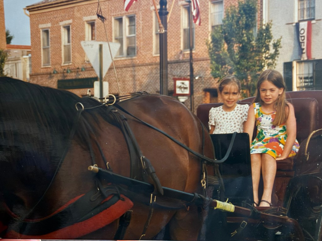 Two younger girls sitting in a horse and carriage in downtown Gettysburg Pennsylvania 