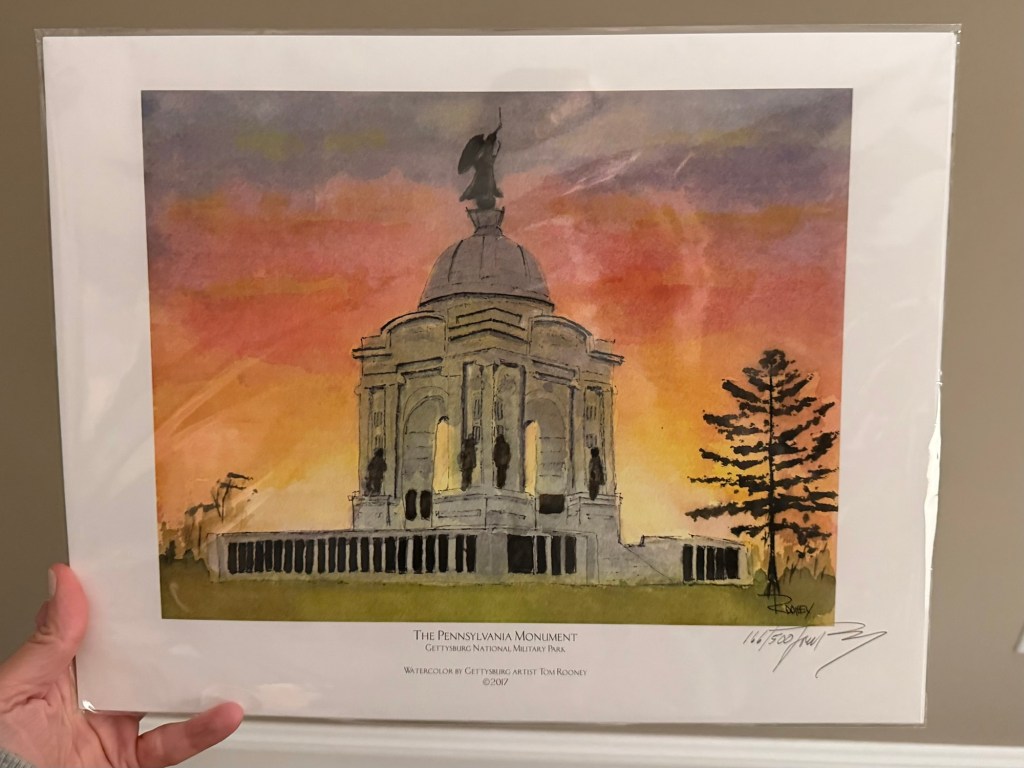 A picture of a watercolor painting of the Pennsylvania Memorial in Gettysburg 